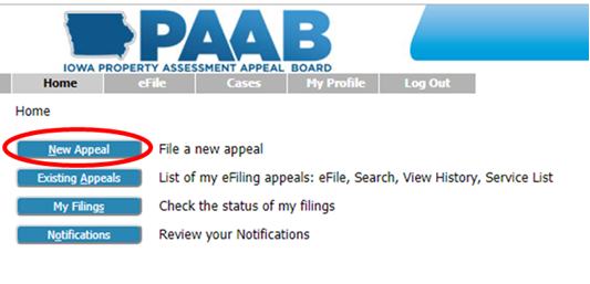Depicts New Appeal button on PAAB eFile