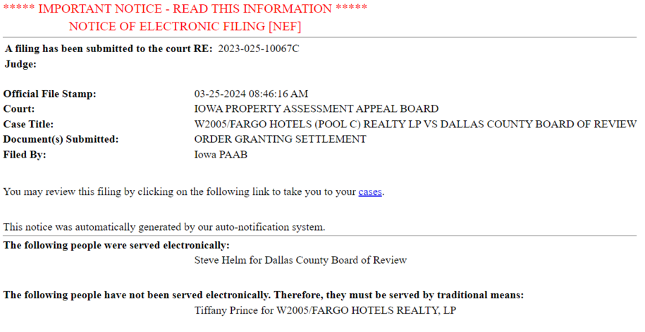 Screenshot showing a Notice of Electronic Filing email