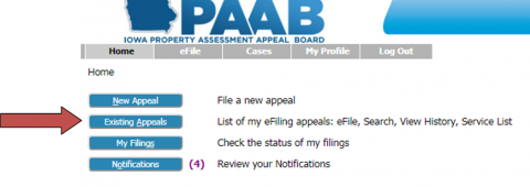 Image of Existing Appeals button in PAAB eFile