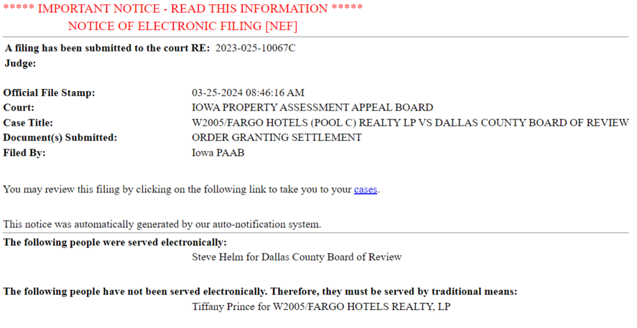 Screenshot of PAAB's eFile system showing a Notice of Electronic Filing email
