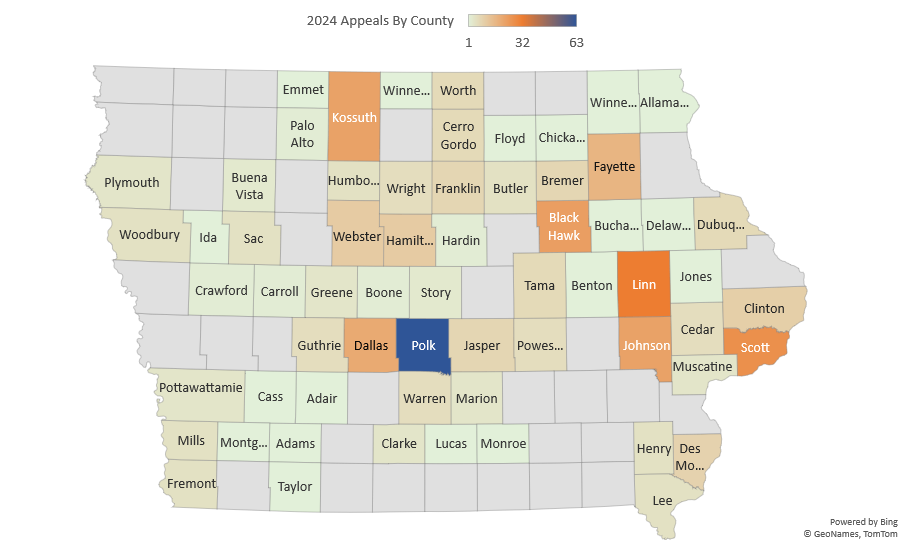 Map of Iowa showing dispersion of 2024 appeals by county